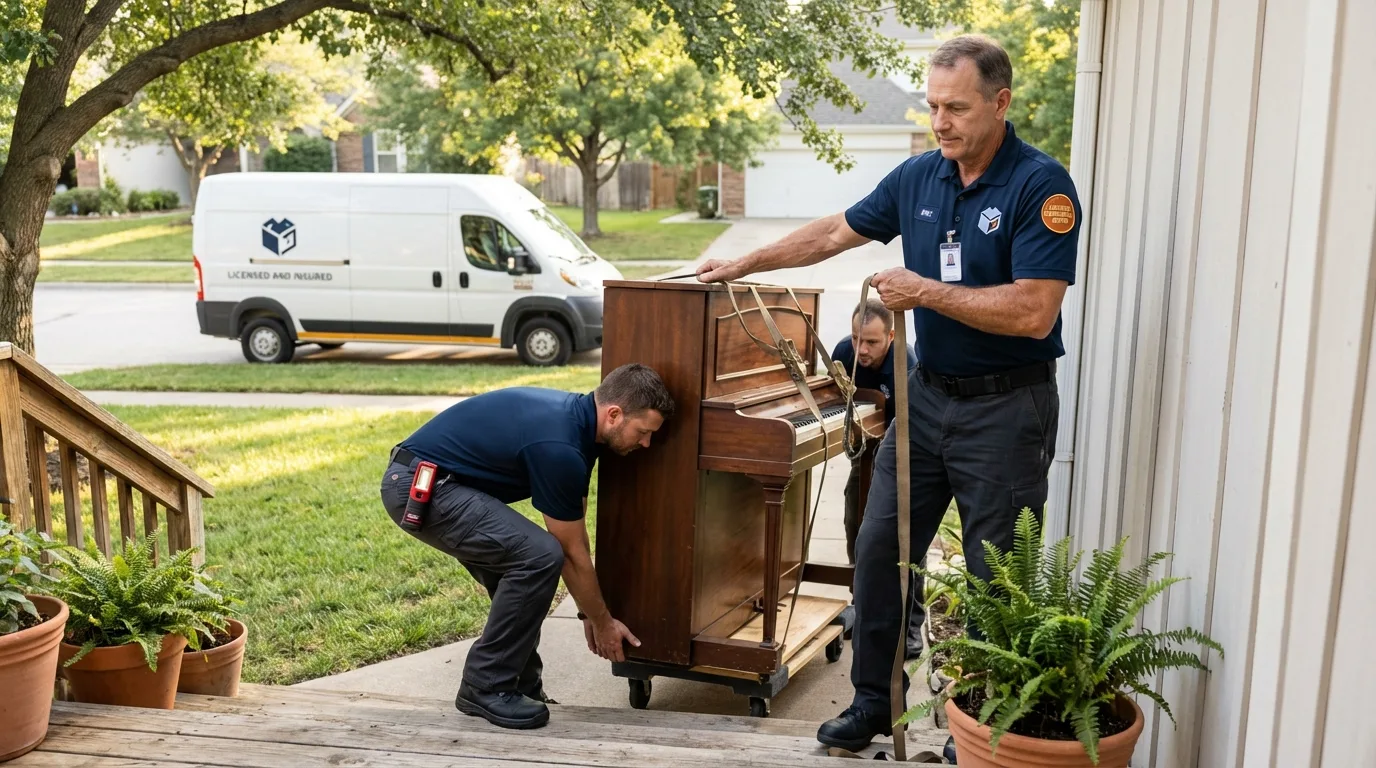 Licensed piano movers securing grand piano in South Haven, MI