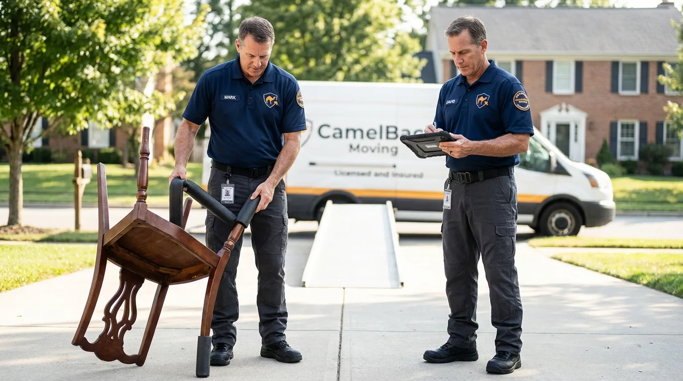 Movers inspecting furniture for damage prevention before loading in South Haven, MI