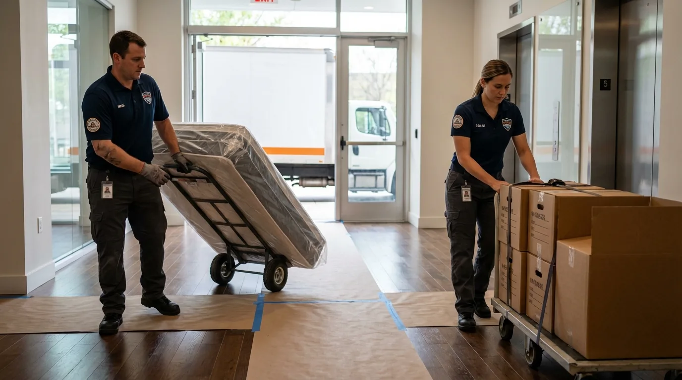 Professional apartment movers loading elevator in South Haven, MI